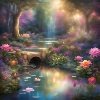 Ein malerischer Garten mit einem ruhigen Teich, bunten Blumen und sanften Lichtstrahlen.