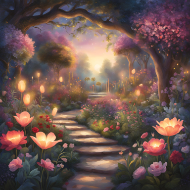 Ein malerischer Gartenweg, umgeben von bunten Blumen und sanftem Licht.