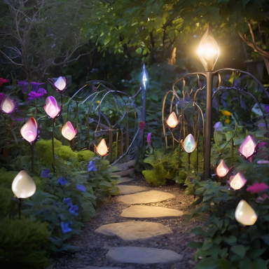 Ein romantischer Gartenweg mit leuchtenden Laternen und bunten Blumen.